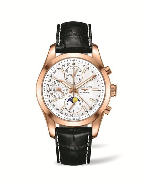 Longines Conquest Classic Moonphase or rose et cuir alligator