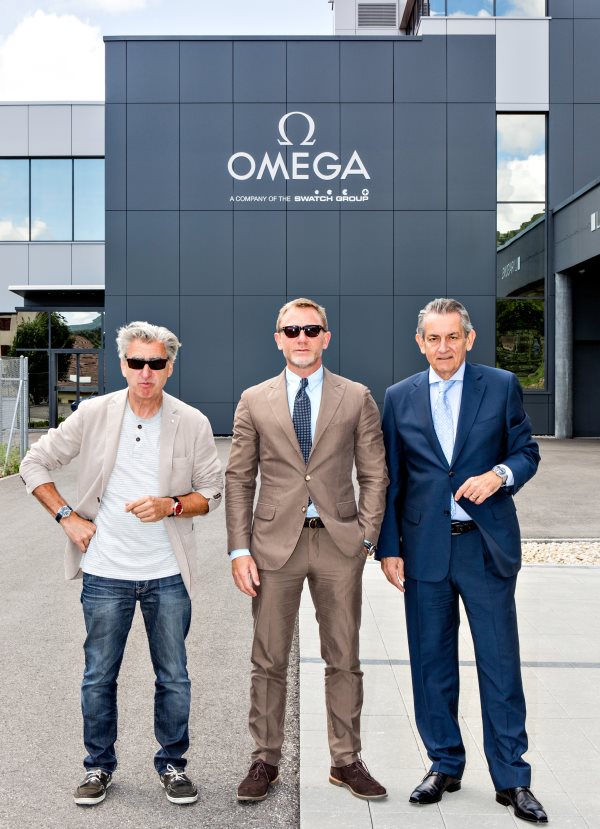 Nick Hayek_Daniel Craig_Stephen Urquhart are seen at the OMEGA Factory Visit in Switzerland