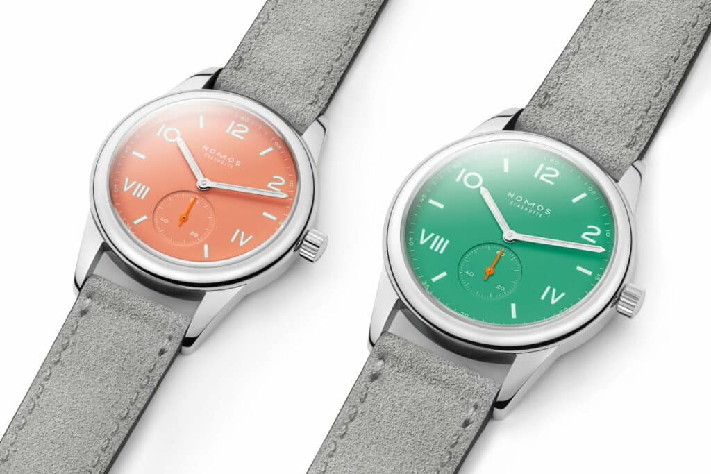 Nomos Glashuette Cap Campus Cream Coral et Electric Green